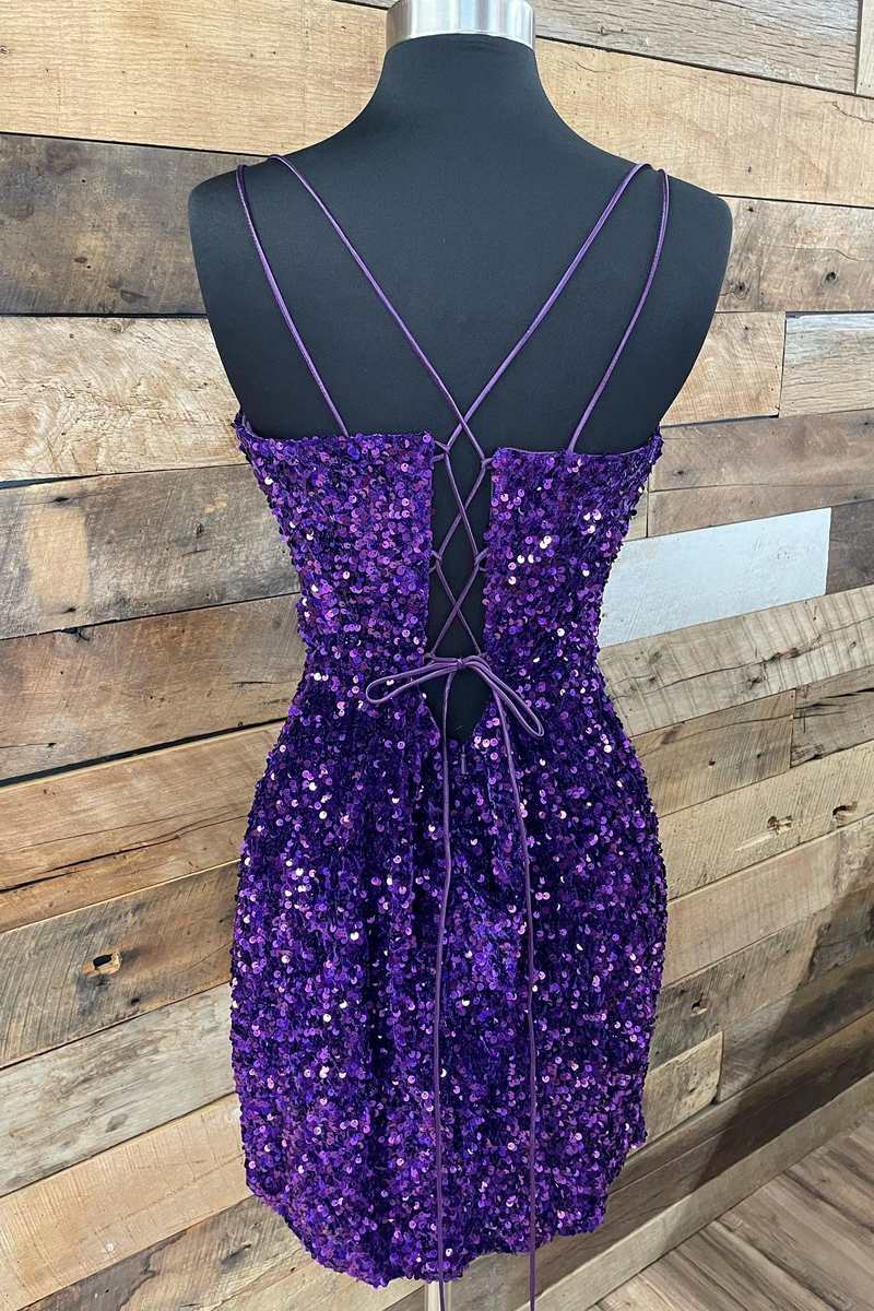 Purple Sequin Plunge V Lace-Up Short Party Dress – Dreamdressy