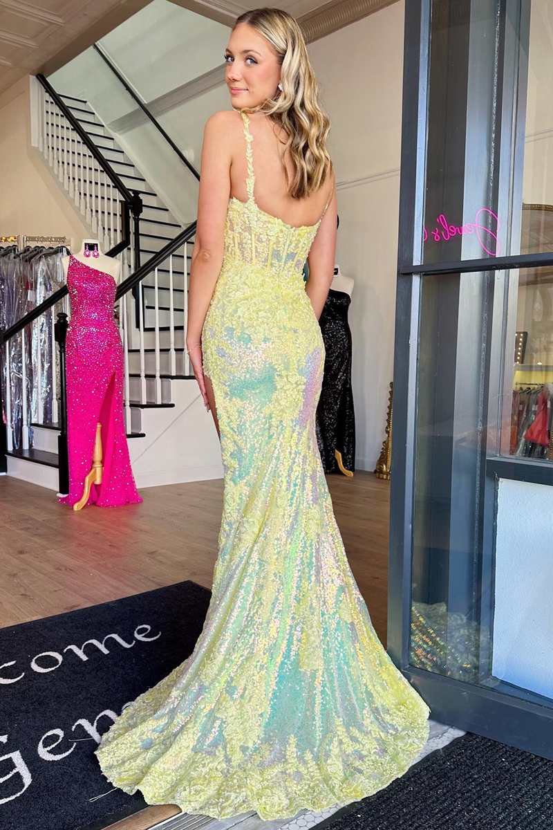 Yellow Sequin Appliques Scoop Neck Mermaid Long Prom Dress with Slit –  Dreamdressy