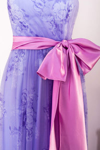 Lavender Floral Strapless Ruffled Long Prom Dress with Bow Sash