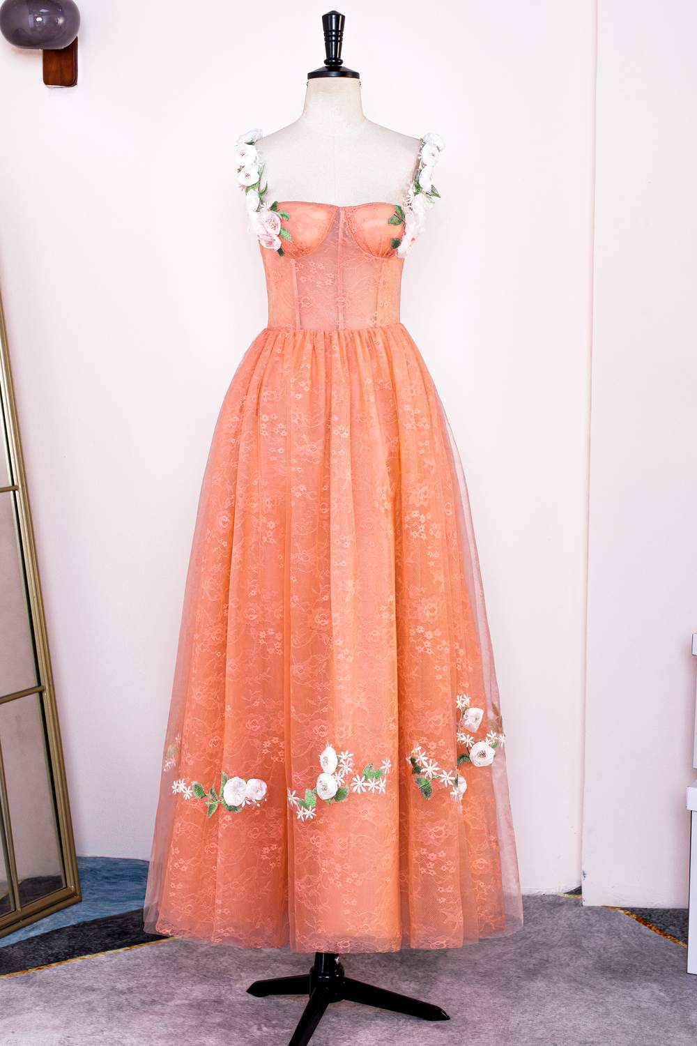 Orange Floral Straps A-line Embroidery Long Prom Dress