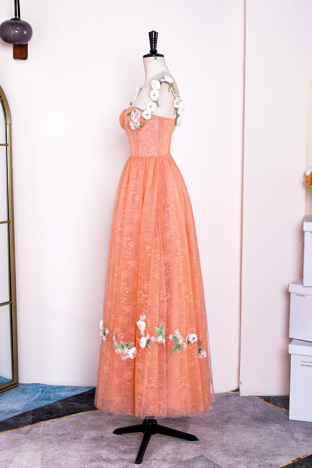 Orange Floral Straps A-line Embroidery Long Prom Dress