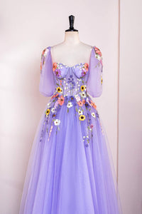 Lavender Puff Sleeves Floral Appliques A-line Long Prom Dress
