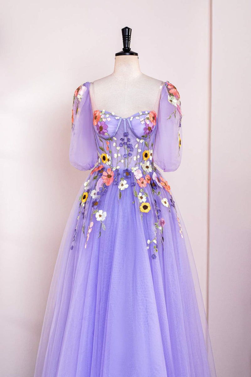 Lavender Puff Sleeves Floral Appliques A-line Long Prom Dress