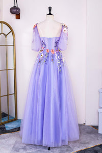 Lavender Puff Sleeves Floral Appliques A-line Long Prom Dress