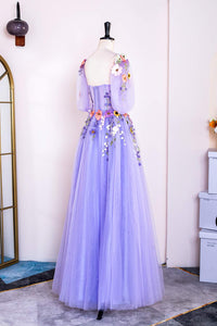 Lavender Puff Sleeves Floral Appliques A-line Long Prom Dress