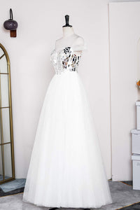 White Strapless Mirror-Cut Sequined Top A-line Long Prom Dress