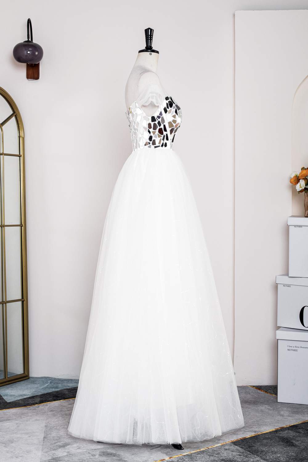 White Strapless Mirror-Cut Sequined Top A-line Long Prom Dress