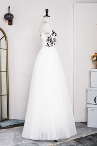 White Strapless Mirror-Cut Sequined Top A-line Long Prom Dress