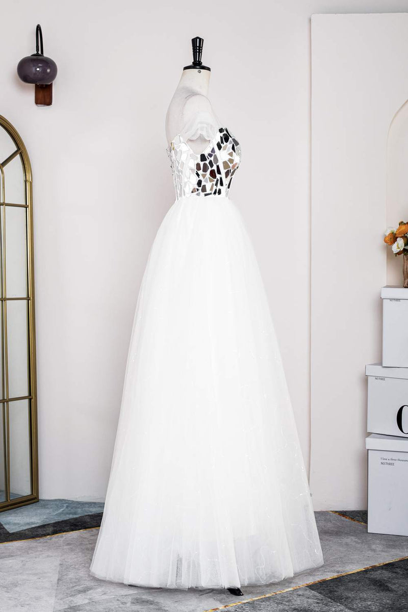 White Strapless Mirror-Cut Sequined Top A-line Long Prom Dress