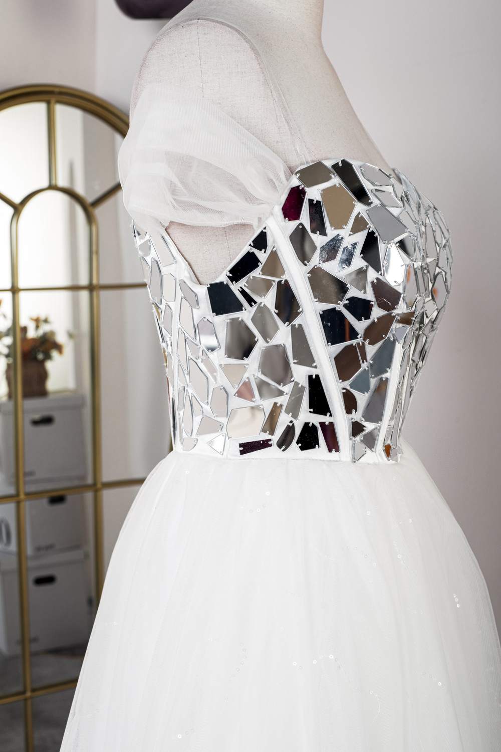 White Strapless Mirror-Cut Sequined Top A-line Long Prom Dress