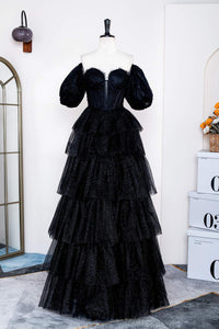 Saprkly Black Off-Shoulder Puff Sleeves Layers Long Prom Dress