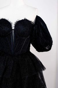 Saprkly Black Off-Shoulder Puff Sleeves Layers Long Prom Dress