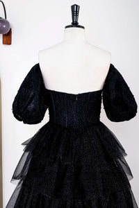 Saprkly Black Off-Shoulder Puff Sleeves Layers Long Prom Dress
