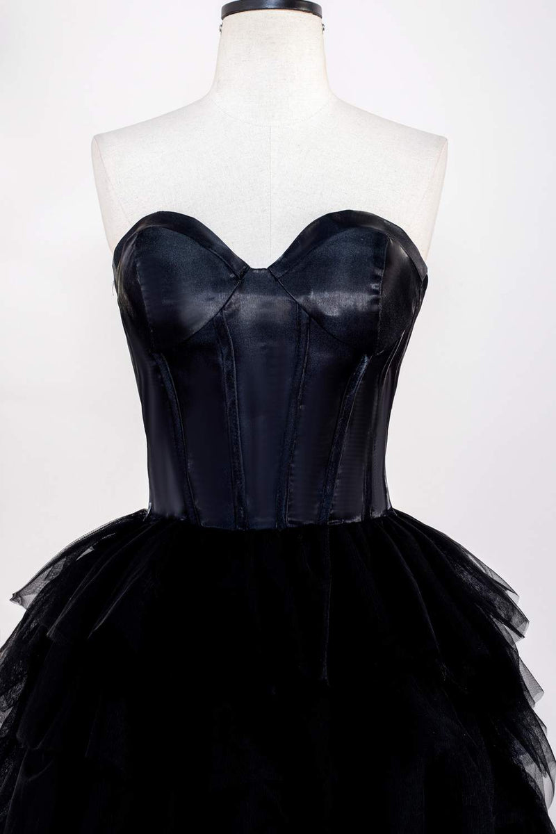 Black Strapless Leather Top Layers Long Prom Dress