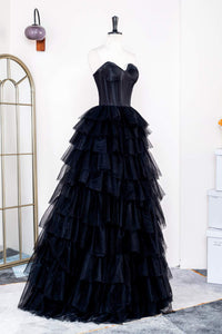 Black Strapless Leather Top Layers Long Prom Dress