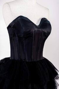 Black Strapless Leather Top Layers Long Prom Dress
