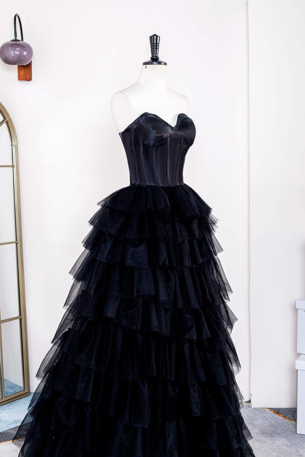 Black Strapless Leather Top Layers Long Prom Dress