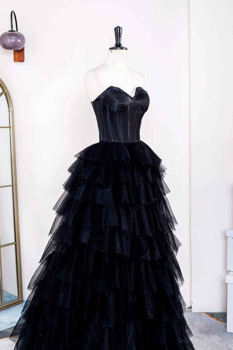 Black Strapless Leather Top Layers Long Prom Dress