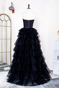 Black Strapless Leather Top Layers Long Prom Dress