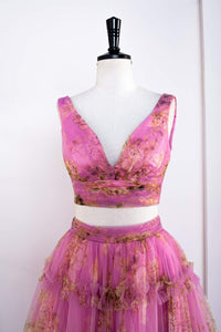 Pink Floral Two-Piece Ruffled Bow Tie Back A-line Long Prom Dress