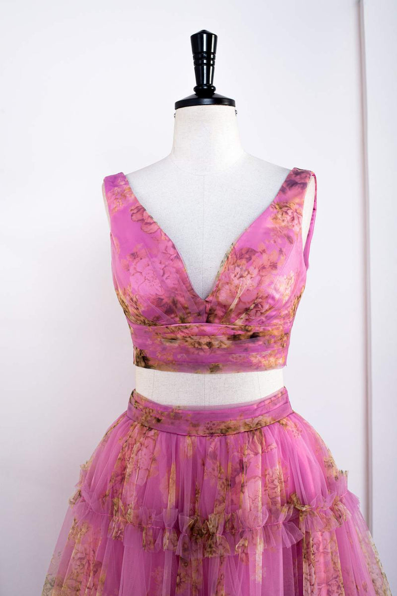 Pink Floral Two-Piece Ruffled Bow Tie Back A-line Long Prom Dress