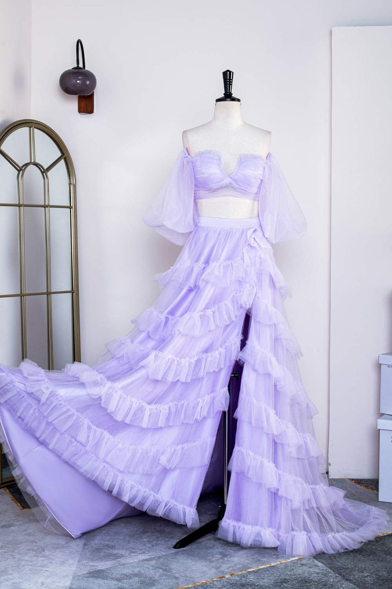 Lavender Two-Piece Puff Sleeves Layers Long Prom Dress with Slit