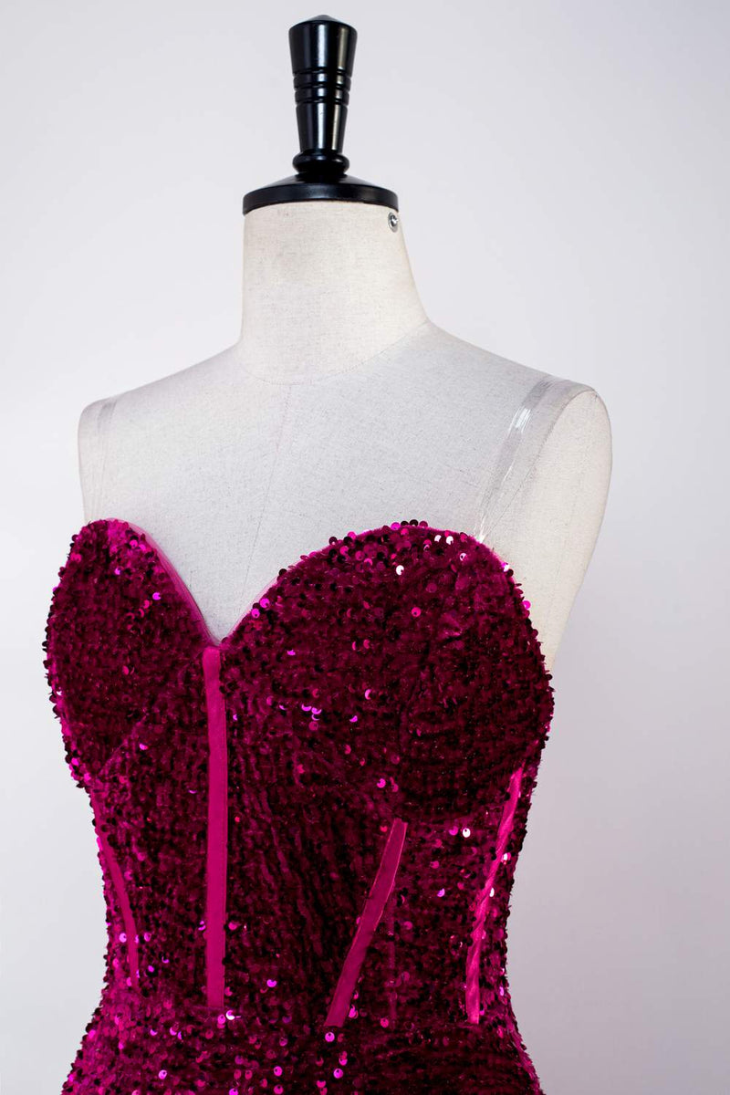 Fuchsia Strapless Mermaid Sequins Long Prom Dress