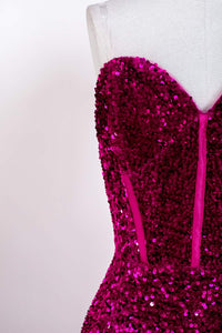 Fuchsia Strapless Mermaid Sequins Long Prom Dress