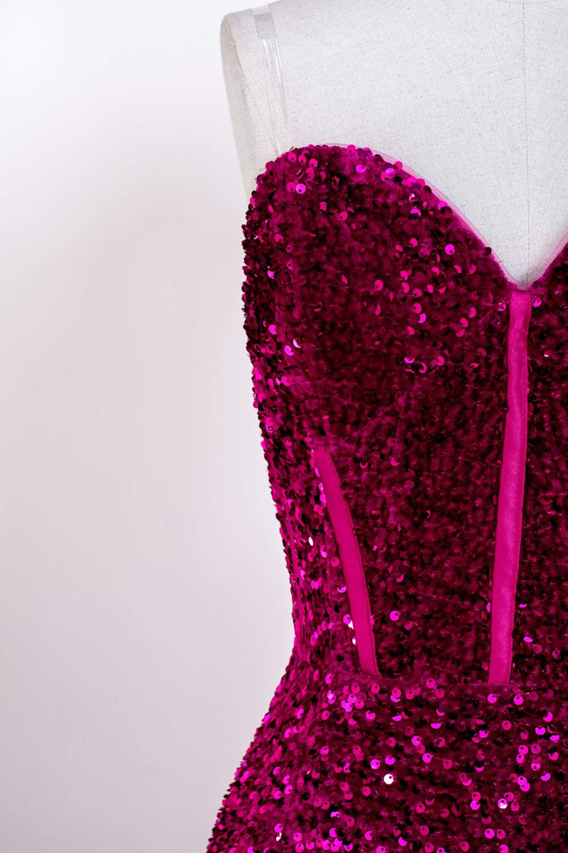 Fuchsia Strapless Mermaid Sequins Long Prom Dress