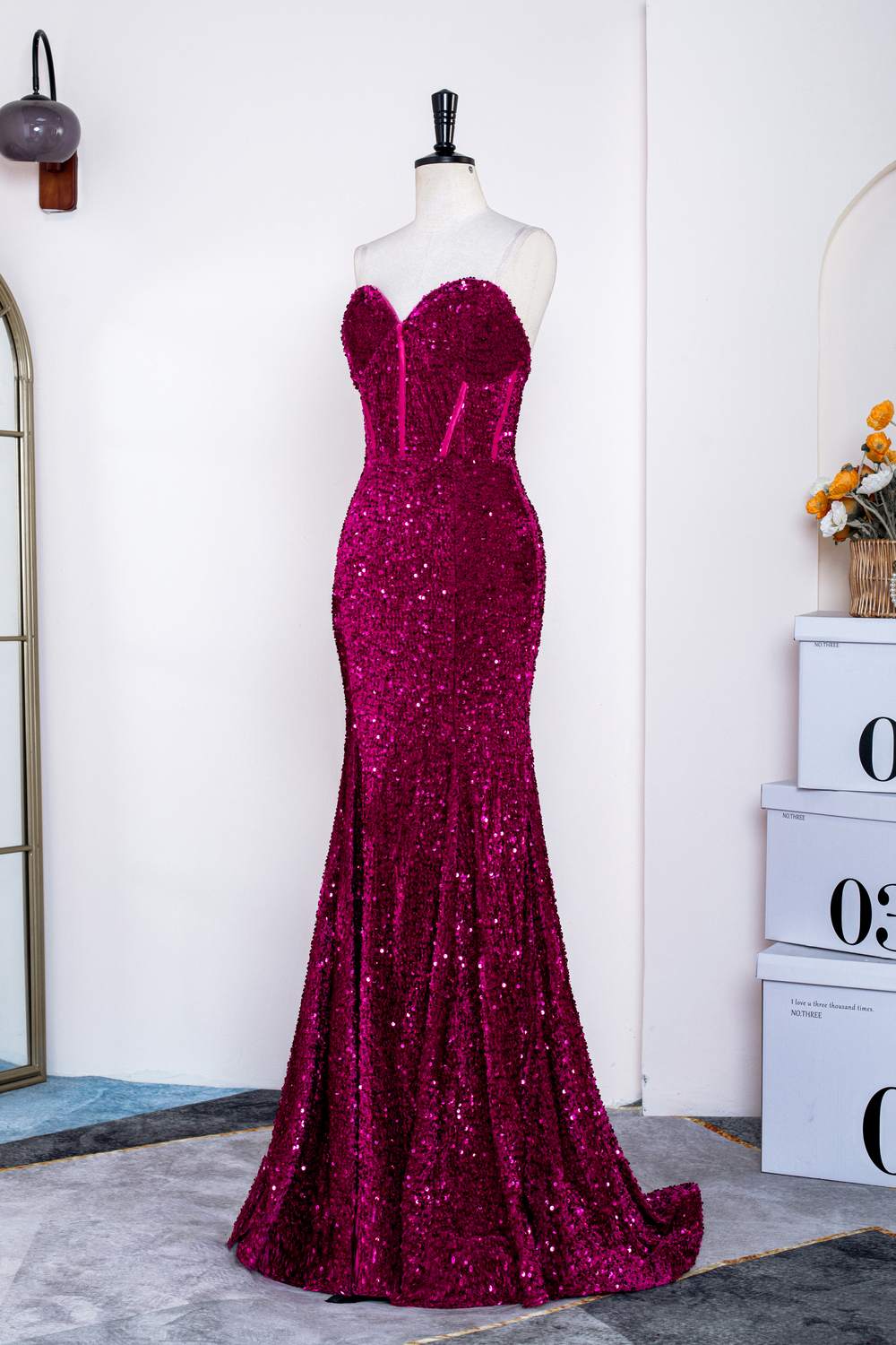 Fuchsia Strapless Mermaid Sequins Long Prom Dress