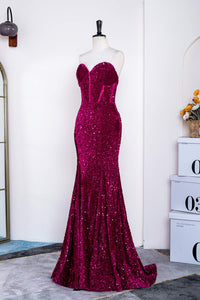 Fuchsia Strapless Mermaid Sequins Long Prom Dress