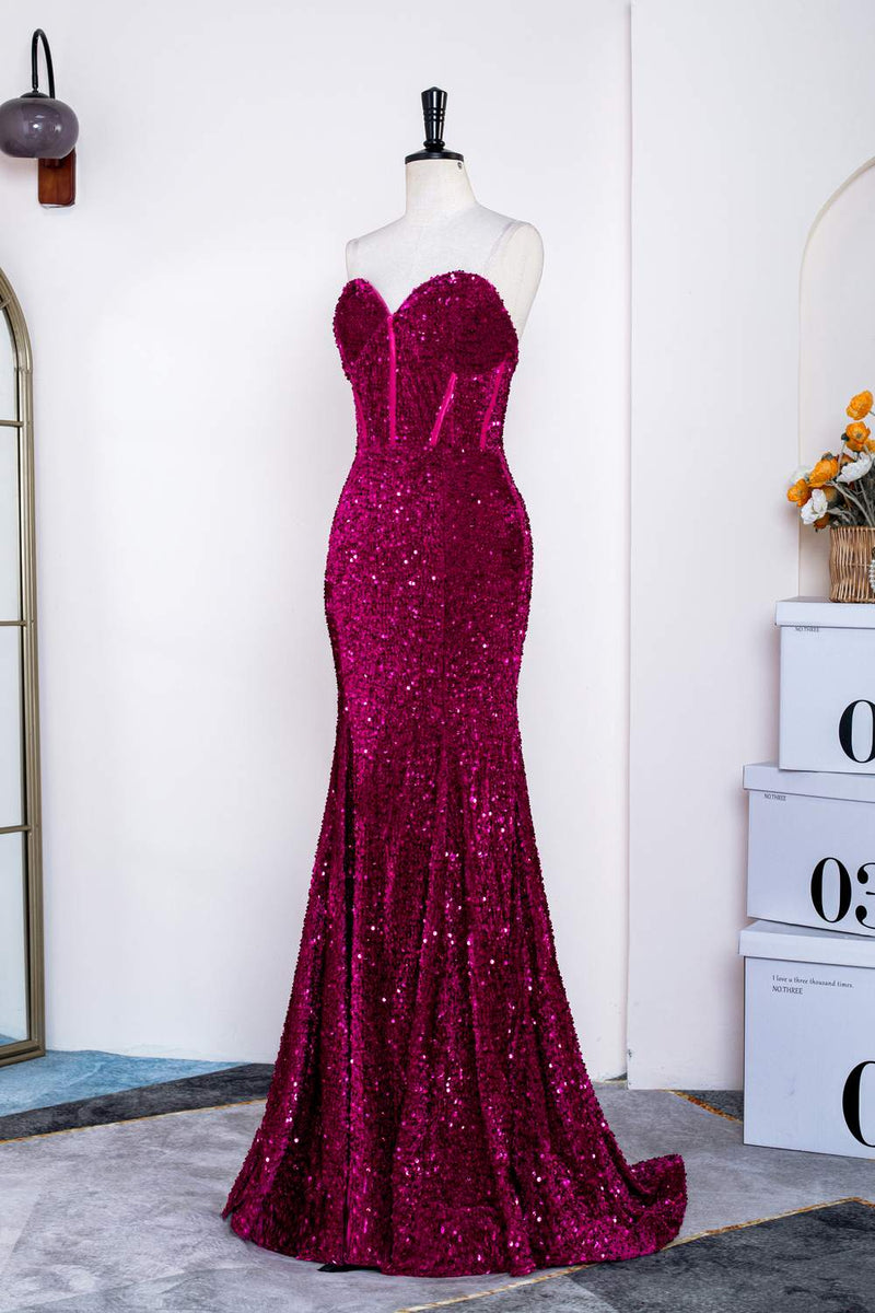Fuchsia Strapless Mermaid Sequins Long Prom Dress