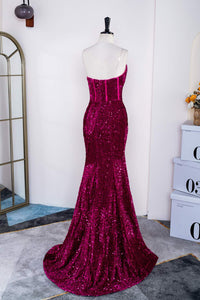 Fuchsia Strapless Mermaid Sequins Long Prom Dress