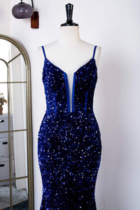 Royal Blue Sequins Spaghetti Straps Mermaid Long Prom Dress