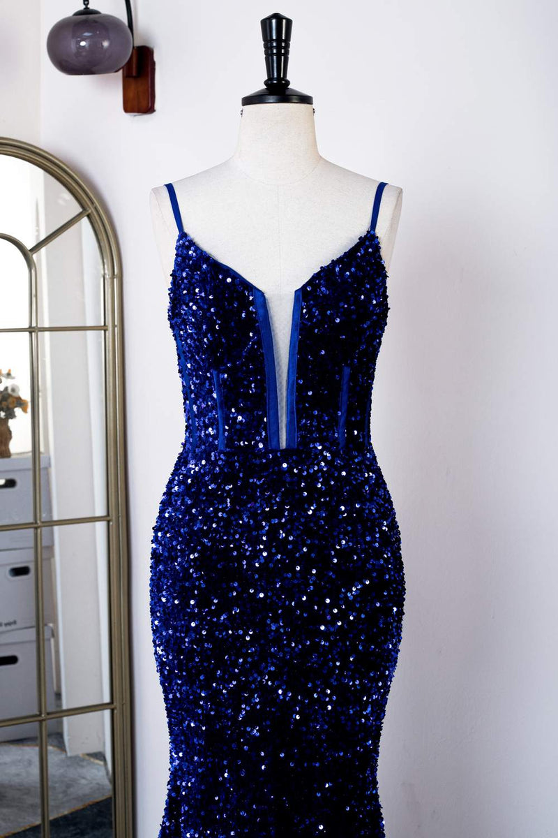 Royal Blue Sequins Spaghetti Straps Mermaid Long Prom Dress