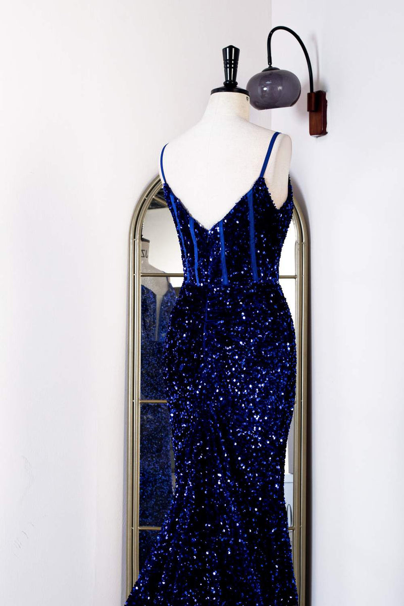 Royal Blue Sequins Spaghetti Straps Mermaid Long Prom Dress