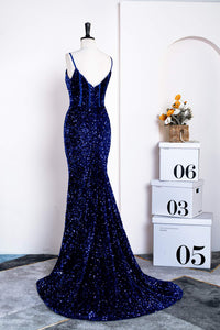 Royal Blue Sequins Spaghetti Straps Mermaid Long Prom Dress