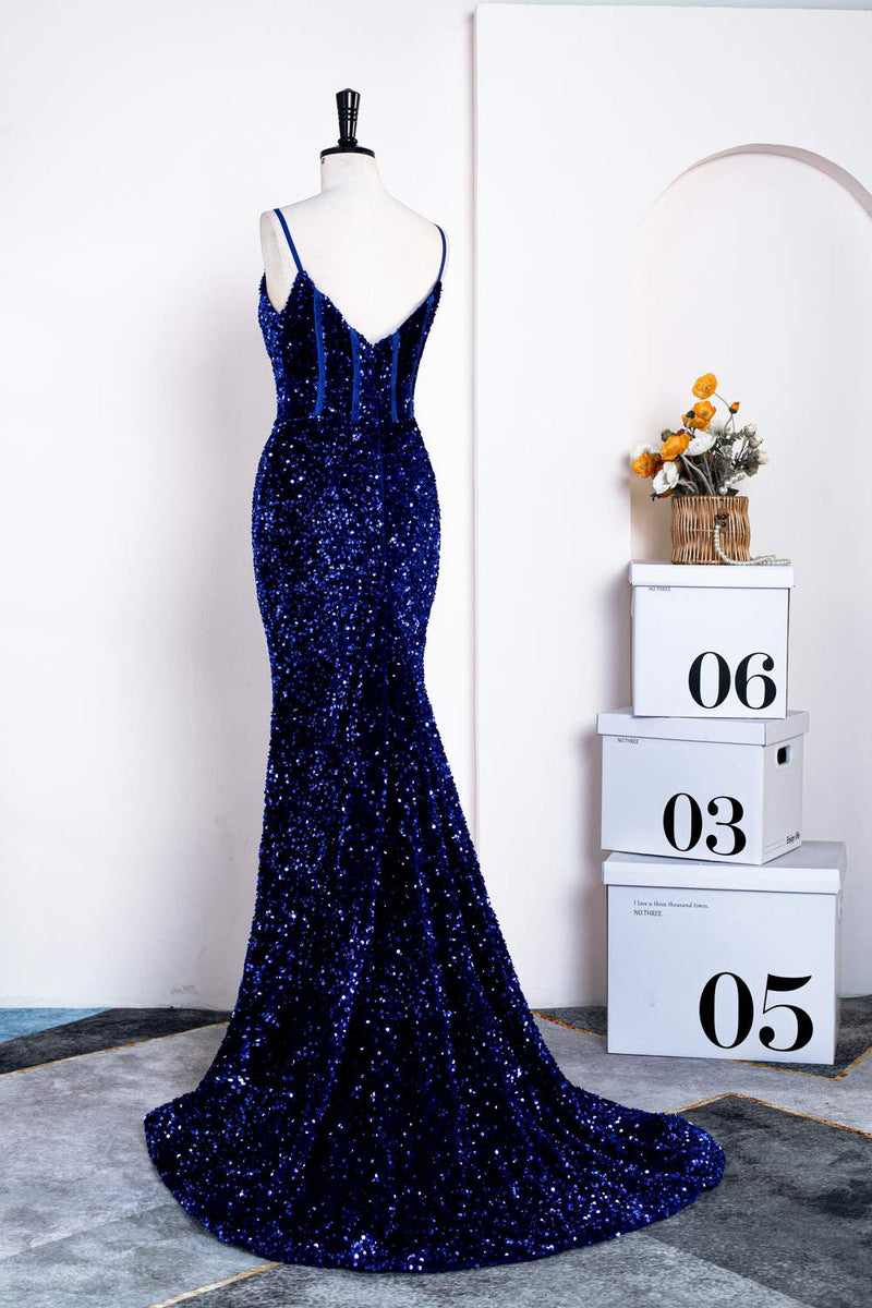 Royal Blue Sequins Spaghetti Straps Mermaid Long Prom Dress