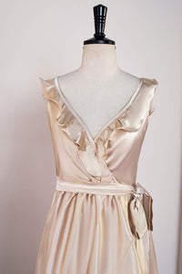 Champagne Ruffled Faux-Wrapped A-line Hi-Low Bridesmaid Dress with Sash