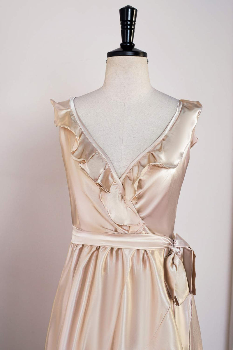 Champagne Ruffled Faux-Wrapped A-line Hi-Low Bridesmaid Dress with Sash