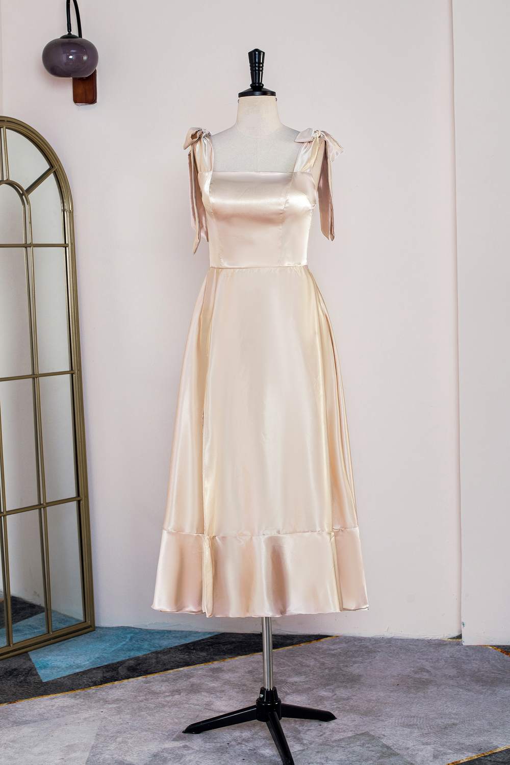 Champagne Bow Tie Straps A-line Satin Tea-Length Bridesmaid Dress
