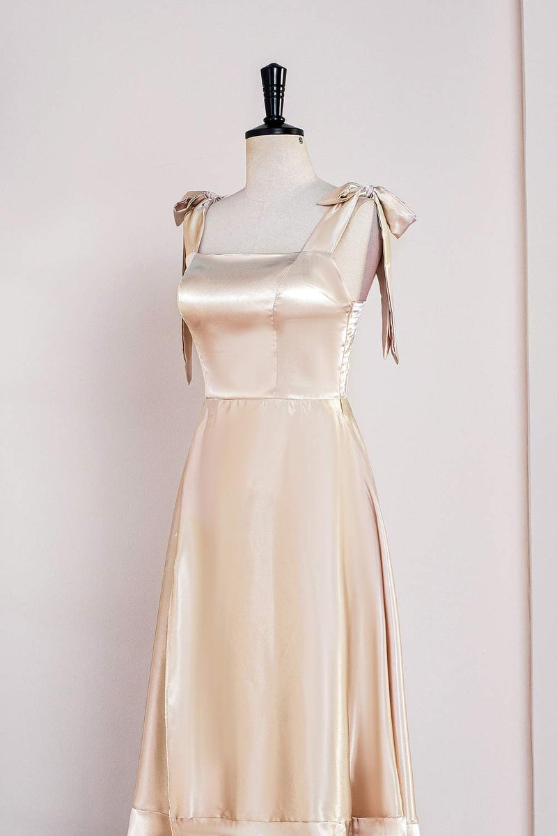 Champagne Bow Tie Straps A-line Satin Tea-Length Bridesmaid Dress