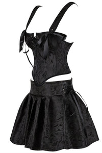 Black Straps Floral Prints Lace-Up Bustier Corset Top with Skirt
