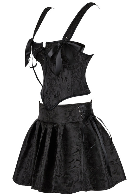 Black Straps Floral Prints Lace-Up Bustier Corset Top with Skirt