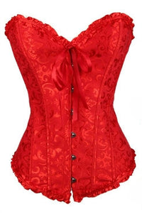 Red Floral Ruffled Strapless Lace-Up Bustier Corset Top