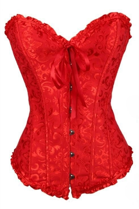 Red Floral Ruffled Strapless Lace-Up Bustier Corset Top