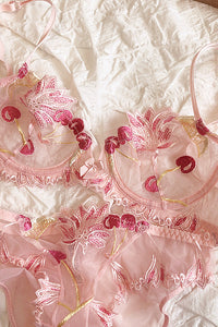Pink Cherry Appliques Lace Illusion Lingerie
