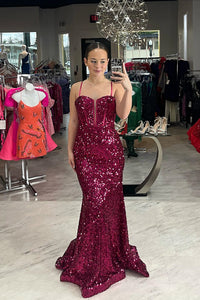 Mulberry Sequins Spaghetti Straps Mermaid Long Prom Dress
