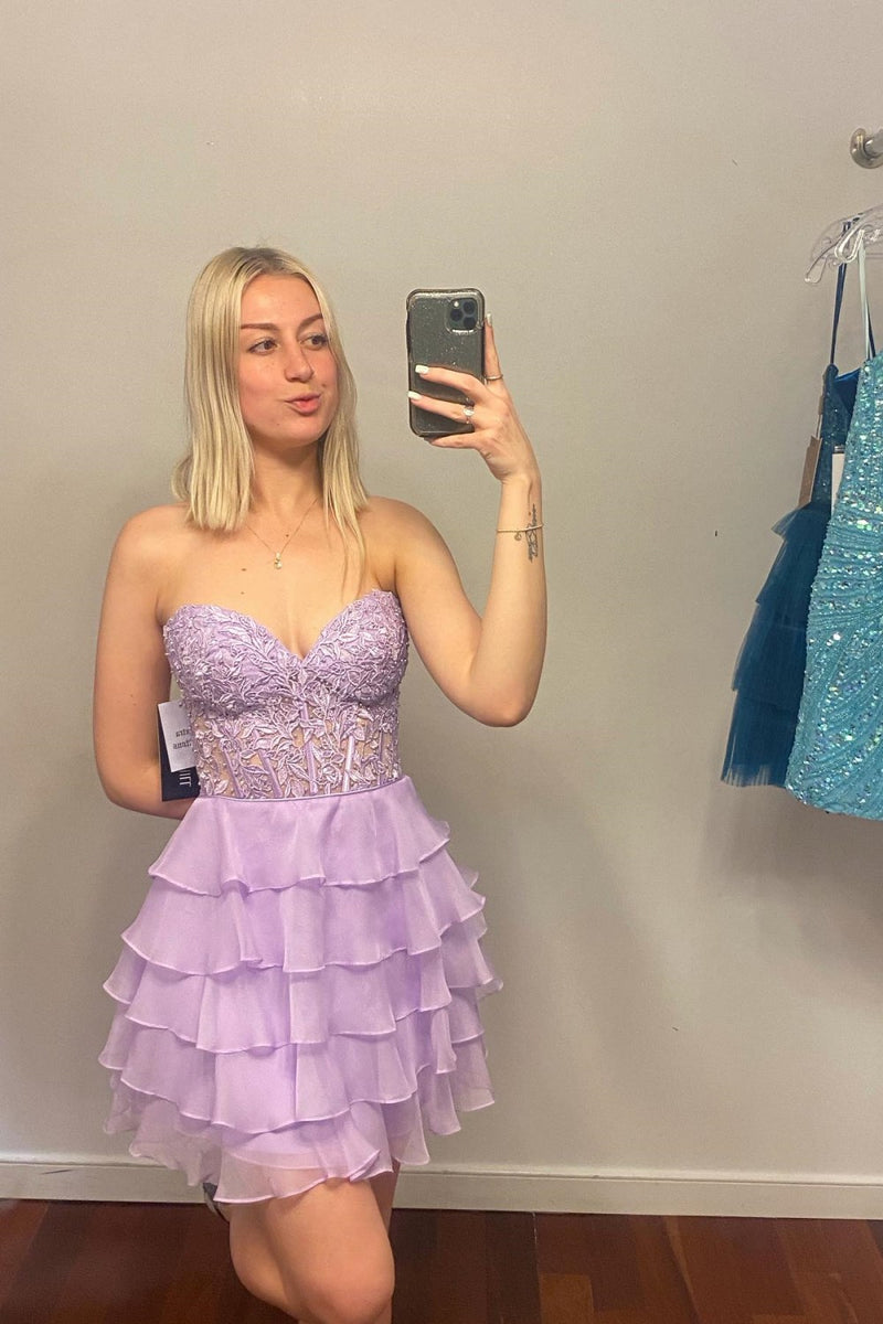 Hot Pink Appliques Chiffon Tiered Short Homecoming Dress