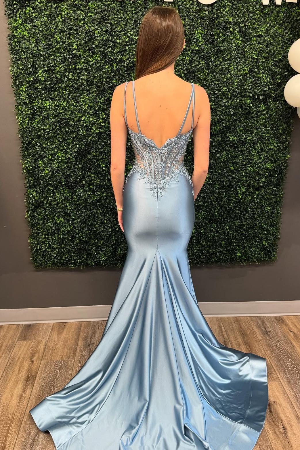 Double Straps Appliques Mermaid Satin Formal Dress